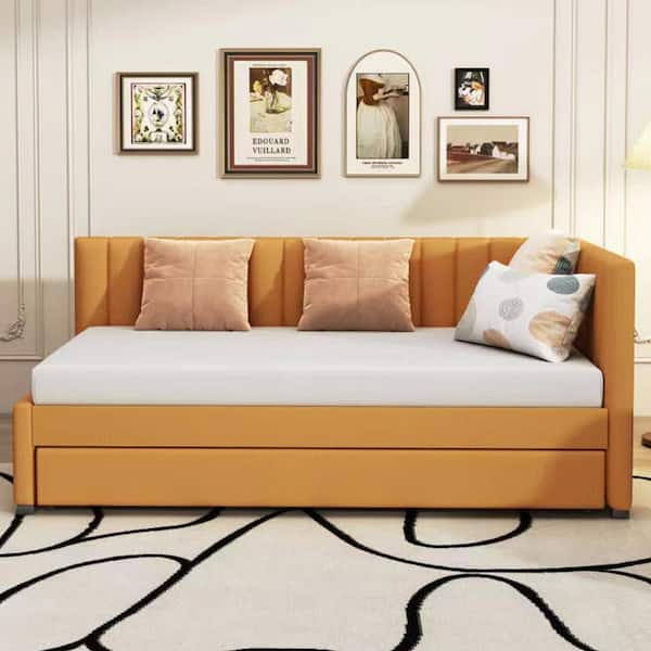 Harper & Bright Designs Yellow Wood Twin Size Linen Upholstered Daybed, Sofa Bed with Channel-Tufted Backrest and Twin Size Trundle