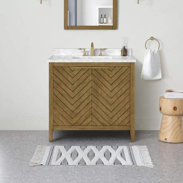 Roselle 36 in. Single Sink Almond Latte Bath Vanity with White Engineered Marble Top (Assembled)