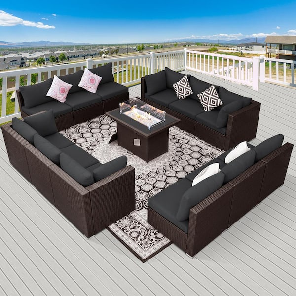 FINCATI Large Size 13-Piece Patio Dark Brown PE Wicker Patio Sofa Set with Dark Gray Cushions and 55,000 BTU Fire Pit Table