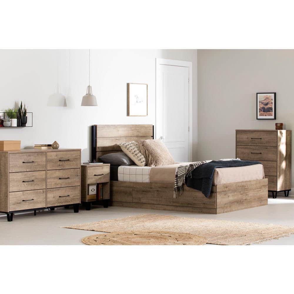 Weathered Oak Full Platform Bed with 3 Storage Drawers