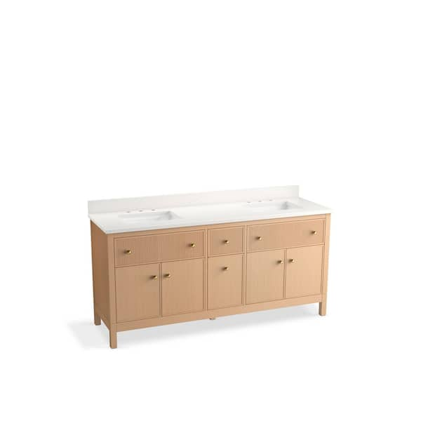 Malin 73in. Double Sink Freestanding White Oak Bath Vanity with White Quartz Top Assembled