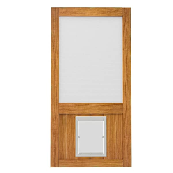 ARK DESIGN 32 in. x 80 in. Single Universal Paneled Unfinished Pine Wood and Gauze Mesh Hinged Screen Door with Pet Door