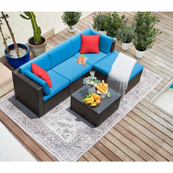 5-Pieces Wicker Patio Conversation Outdoor Rattan Sofa Set with Glass Coffee Table and Blue Cushion