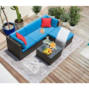 5-Pieces Wicker Patio Conversation Outdoor Rattan Sofa Set with Glass Coffee Table and Blue Cushion