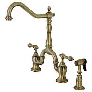 English Country Double-Handle Deck Mount Gooseneck Bridge Kitchen Faucet with Brass Sprayer in Antique Brass