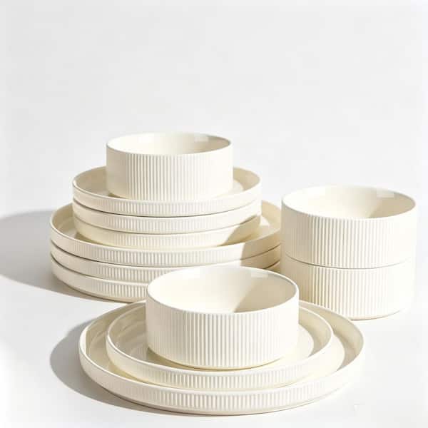 12-Piece Handcrafted Double Reactive Glaze Beige Porcelain Lightweight Dinnerware Set Service for 4