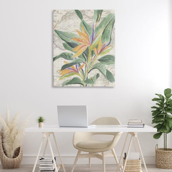 Tropical Flower over Map by June Erica Vess Unframed Nature Graphic Art Print 48 in. x 36 in.