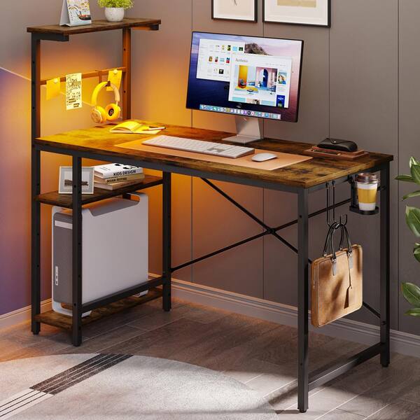 Bestier 44 in. Rectangular Rustic Brown Gaming Desk with RGB LED Lights