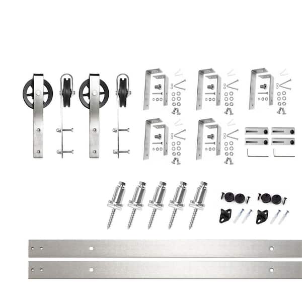 HOMACER 7 ft./84 in. Brushed Nickel Double Track Bypass U-Shape Sliding Barn Door Hardware Kit - Spoke Wheel Design Roller