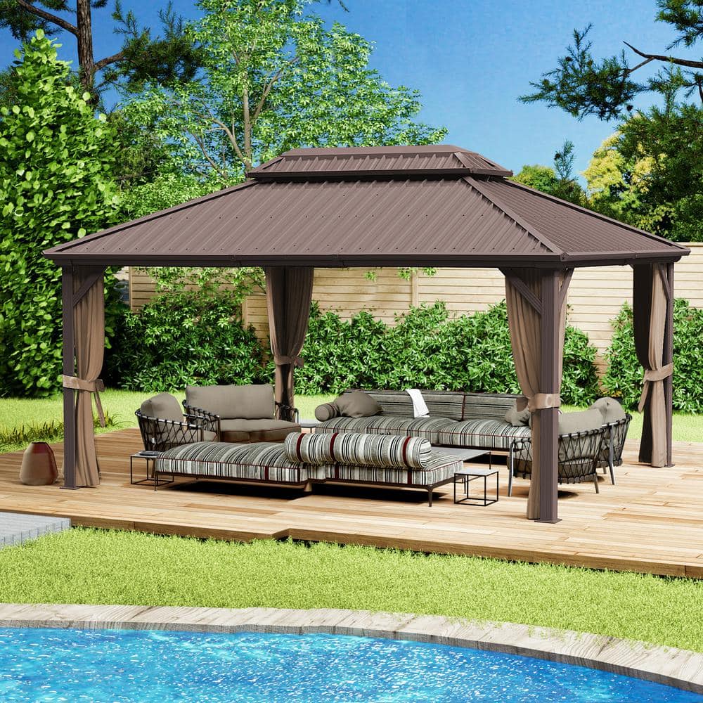 Caesar 12'x16' Dark Brown Aluminum Permanent Hardtop Gazebo with Netting