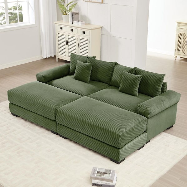 NBJBJT 92 in. Straight Arm 4-Piece Corduroy Modular Sectional Sofa with Ottoman and Ergonomic Design in Olive Green