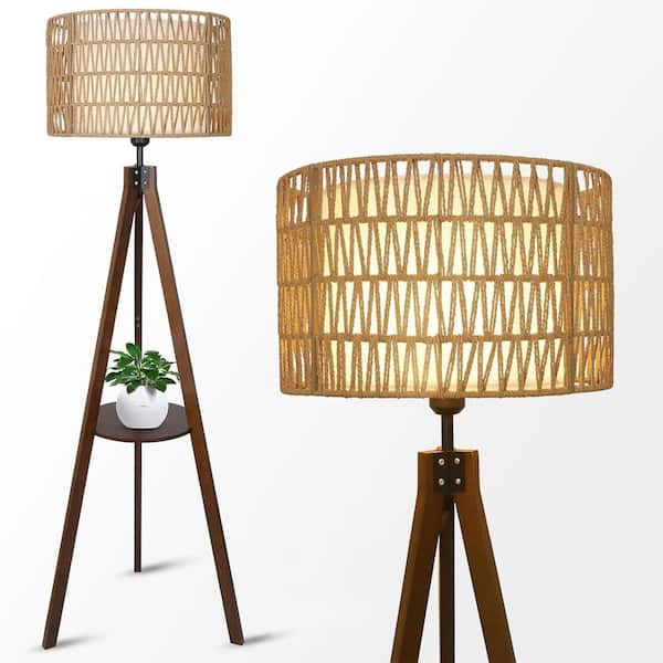 Unbranded 59 in. Brown Traditional 1-Light Dimmable LED Tripod Floor Lamp with Rattan Shade & Shelves for Living Room