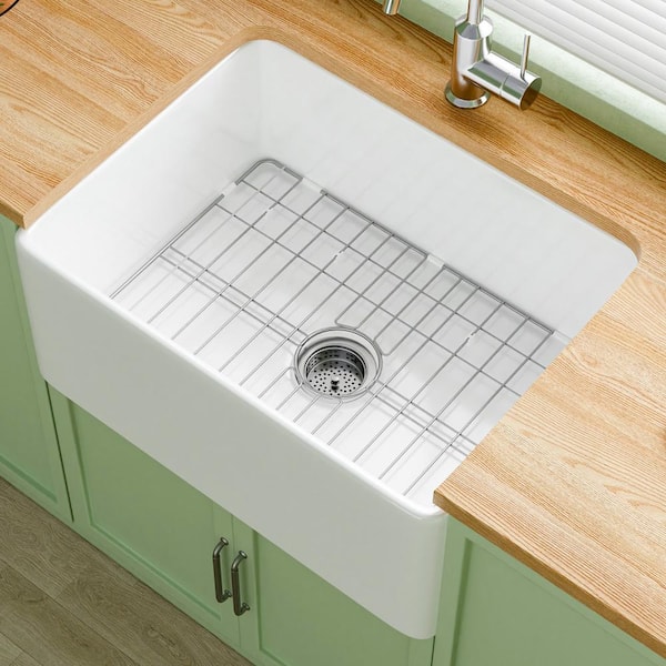Jasmie Farmhouse Series 24 in. Apron Front Kitchen Sink Single Bowl White Fireclay Sink with Bottom Grids and Drain Barn Sink