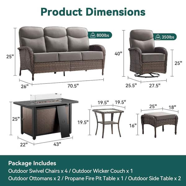 Moonridge 10-Piece Brown Wicker Fire Pit Conversation Set with 6 In. Olefin Gray Cushions / Metal Fire Pit Table