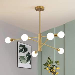 6-Light Vintage Gold Linear Sputnik Chandelier for Living Room, Mid Century Ceiling Lights without Glass Shade and Bulb