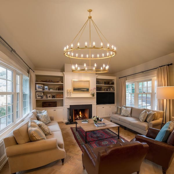 2-Tier 36-Lights Gold Dimmable Candle Style Wagon Wheel Chandelier