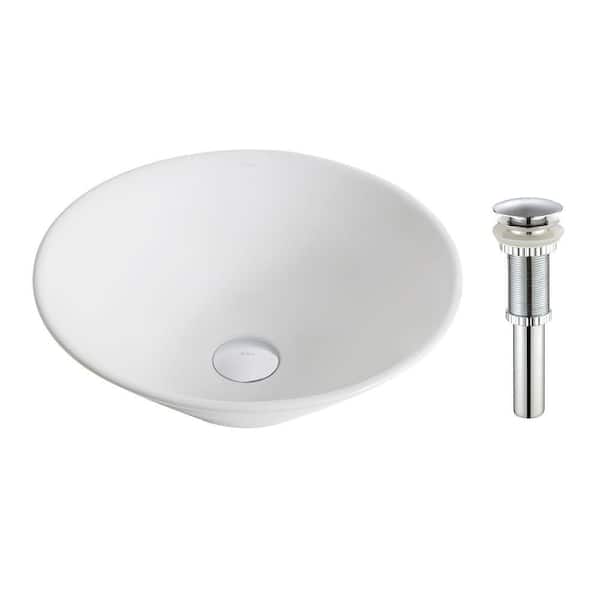 KRAUS Elavo Round Ceramic Vessel Bathroom Sink in White with Pop Up Drain in Chrome