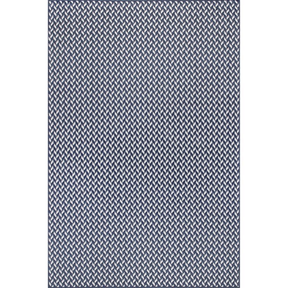 Navy Herringbone Easy-Care Synthetic Indoor/Outdoor Rug, 6'7" x 9'