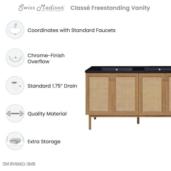 Classe 60 in. W Double Basin Bathroom Vanity in Brown Oak with Black, 3-Hole Artificial Stone Sink Top