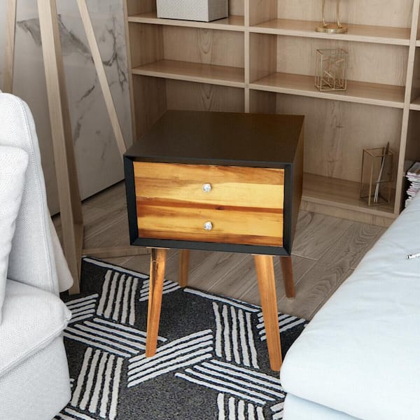 modern black small 16" End side bedside Table bedroom Nightstand 2 drawer shelf 