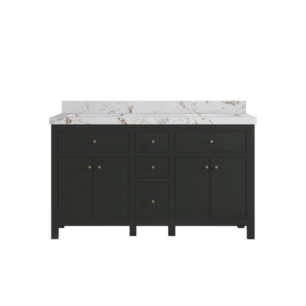 Willow Collections Sonoma 60 in. Double Sink Freestanding Black Top Bath Vanity with Viola Gold Quartz Top Unassembled