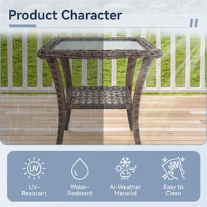 Brown Square Wicker Outdoor Side Table with Tempered Glass Top