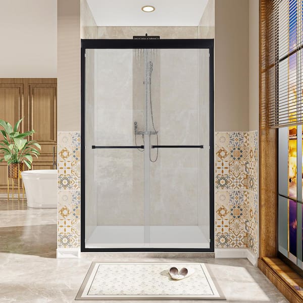 48 in. W x 76 in. H Double Sliding Framed Shower Door in Matte Black Finish with 3/8 in. (8mm) Clear Certified Glass