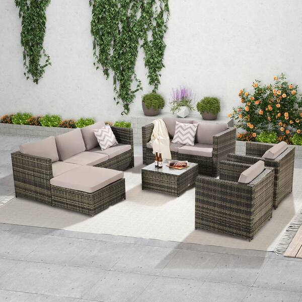 Boosicavelly 6 Pieces Wicker Rattan Outdoor Patio Sectional Set with Gray Cushion