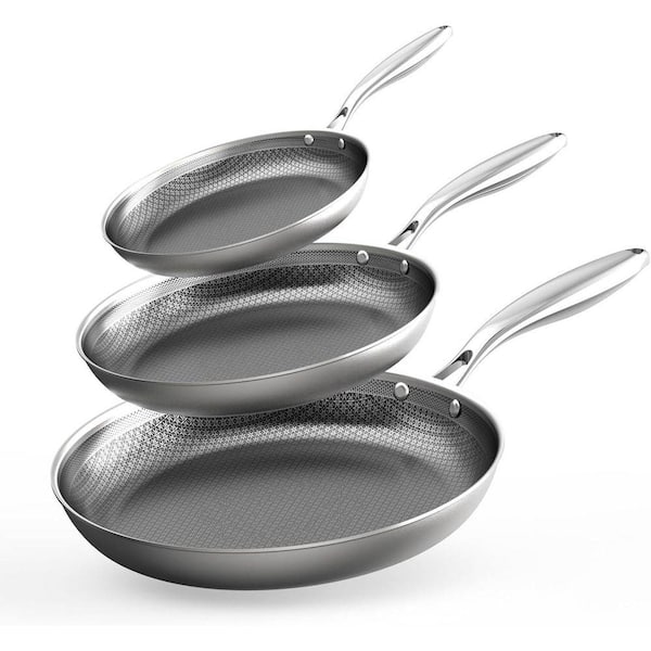 Tri Ply Stainless Steel Nonstick Frying Pan and Skillet Set Induction Oven Safe Stay Cool Handles 3-Pack