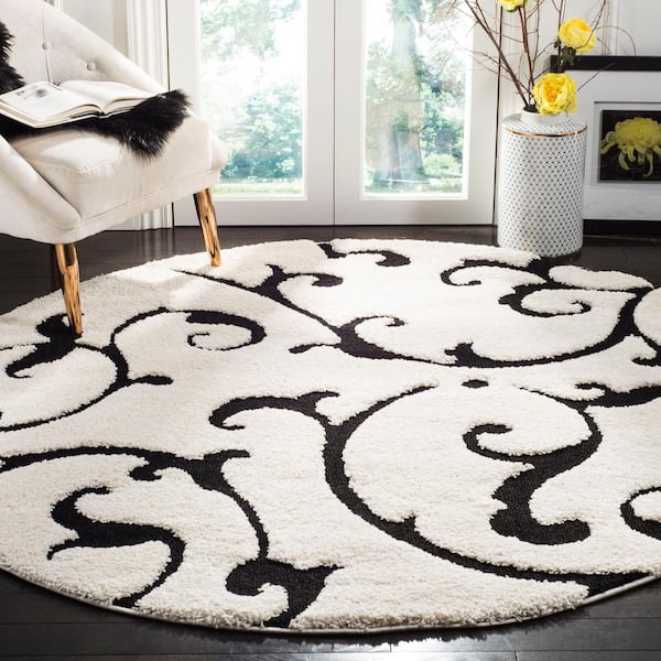 Florida Shag Ivory/Black 7 ft. x 7 ft. Round Floral Area Rug