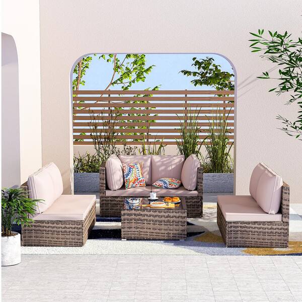 Runesay 7-Piece PE Rattan Wicker Outdoor Sectional Patio Furniture Conversation Set with Brown Cushions and 2-Pillow for Garden