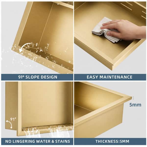 16 in. W x 40 in. H x 4 in. D Waterproof Recessed Shower Niche Storage Shelf in Brushed Gold, No Tile Needed