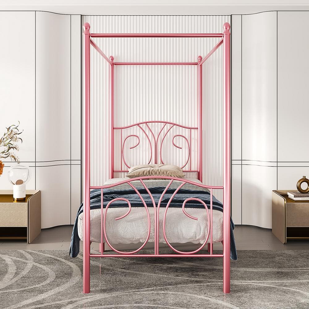 VECELO Metal Canopy Bed Frame, Pink Twin Size with Headboard