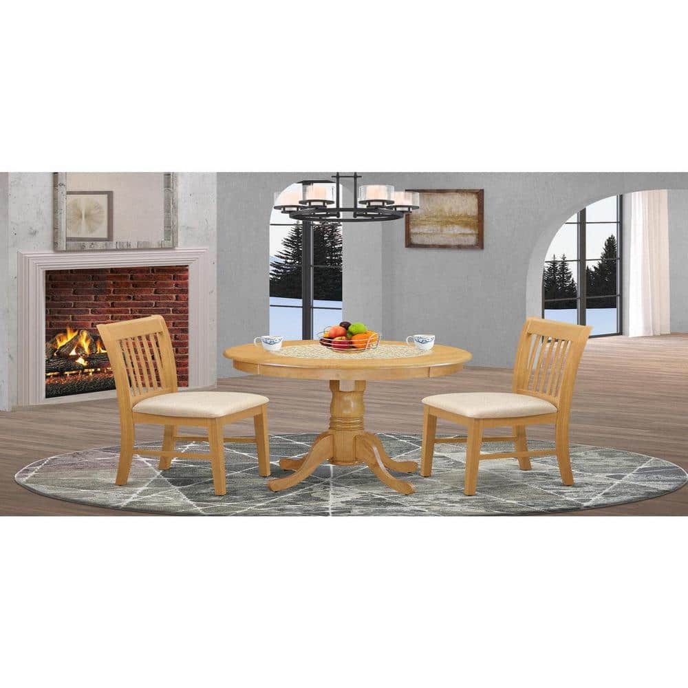 Oak Finish Round Dining Table with Linen Upholstered Chairs