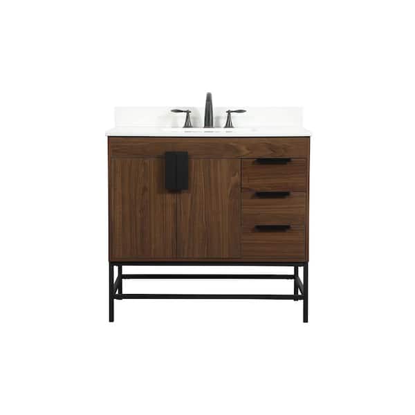 Unbranded Simply Living 36 in. W x 22 in. D x 33.5 in. H Bath Vanity in Walnut with Ivory White Engineered Marble Top