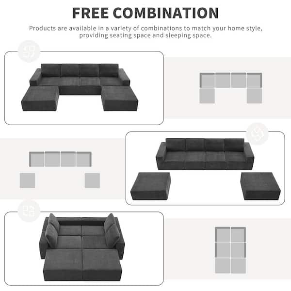110 in. Square Arm Polyester U-Shaped Sofa, Sofa Bed in Dark Gray