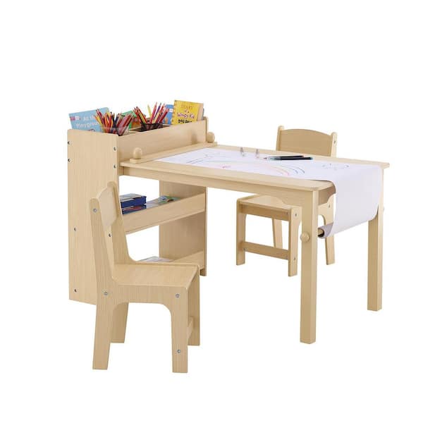 Kids Art Table and 2 Chairs, Wood Toddler Table and Chair Set, 2-in-1 Toddler Craft and Play Activity Table