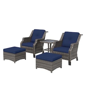 Brown 5-Piece Wicker Patio Conversation Set Outdoor Lounge Chair with Blue Cushions