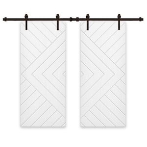 Chevron Arrow 60 in. x 84 in. Fully Assembled White Stained MDF Double Sliding Barn Door with Hardware Kit