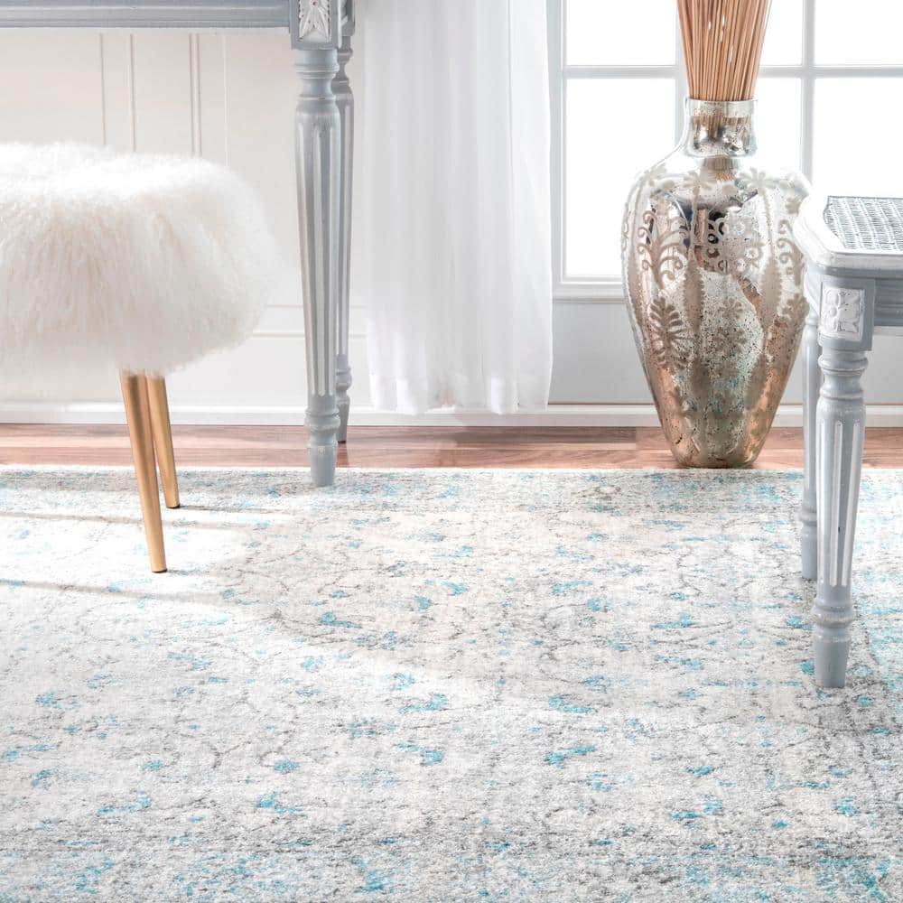 Aqua Blue Floral Synthetic 10' x 14' Area Rug