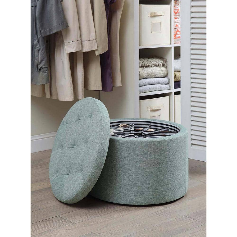 Tufted Round Green Faux Linen Shoe Ottoman with 12 Compartments