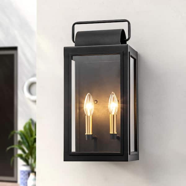 RRTYO Malak Mid-Century Modern Black 2-Light Candle Outdoor Hardwired Wall Lantern Sconce with Clear Glass Shade