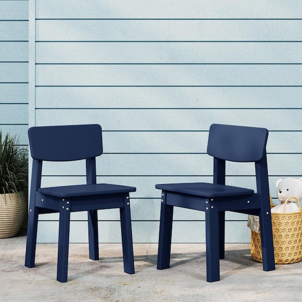 Modern Mini Children's Outdoor Patio All Weather HDPE Plastic Dining Chair for Kids (Set of 2), Navy Blue