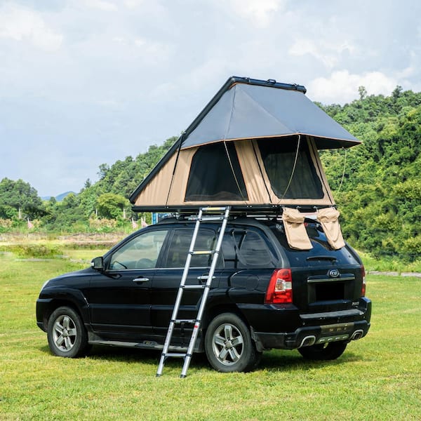 Triangle Black Hard Shell and Beige Fabric 2-Person Aluminum Car Rooftop  Tent With Roof Rack Scout MAX Series