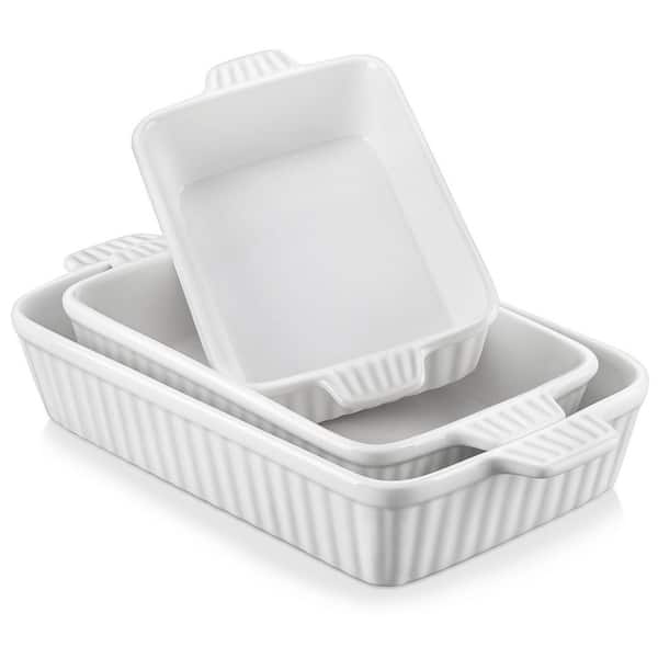 3-Piece White Rectangular Porcelain Baking Dish Set with Handles Lasagna Casserole Bakeware 11.1 in. +12.2 in. +14.7 in.