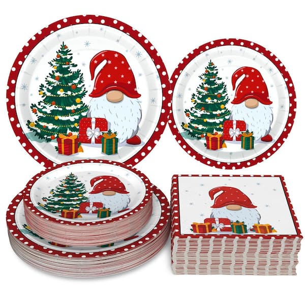 Christmas Gnome 200-Piece Disposable Red Paper Dinnerware Set, Service for 50, Plates and Napkins for Holiday Party