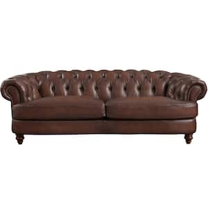 Newport 94 in. W Rolled Arm 100% Leather Chesterfield Straight 3-Seater Sofa in Caramel Brown