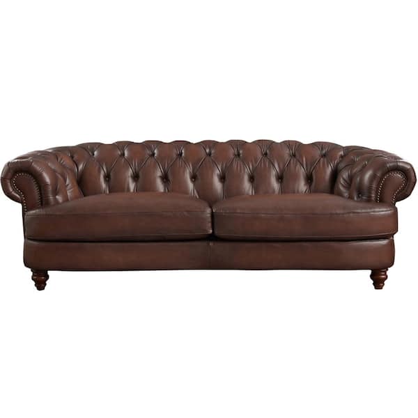 Hydeline Newport 94 in. W Rolled Arm 100% Leather Chesterfield Straight 3-Seater Sofa in Caramel Brown