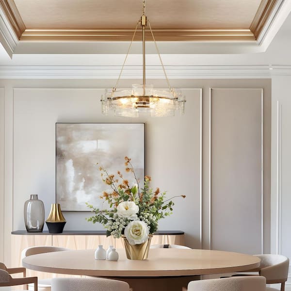 Glacera 6-Light Glass Drum Chandelier with Copper-Tone Finish, Contemporary Pendant Light for Kitchen Island or Entryway