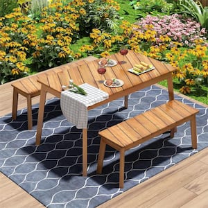3 Pieces Acacia Wood Table Bench Outdoor Dining Set with 2 Benches, Picnic Beer Table for Patio, Porch, Garden